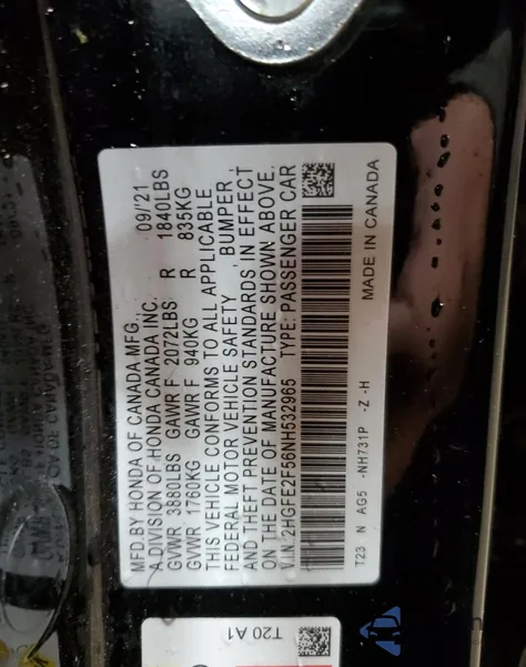 2022 Honda Civic Sport из США, поврежденный, VIN 2HGFE2F56NH532965